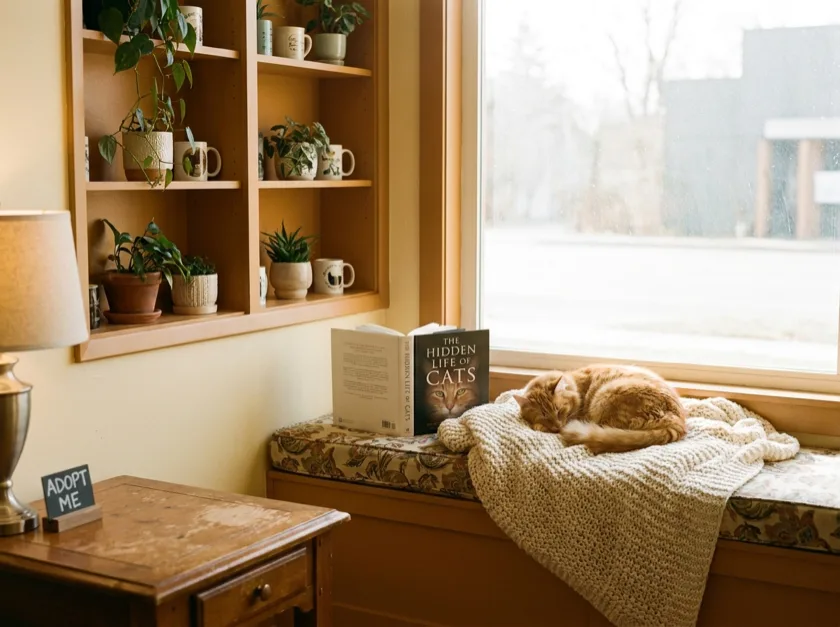 An orange cat stretched beside an open book in the reading corner